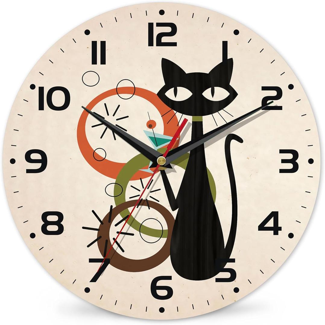 Wall Clock, Black Cat Wall Clocks Wooden Wall Clock Art Hanging Clocks Silent Non-Ticking Wall Clock Battery Operated Round Home Arabic Numeral Decorative Wall Clocks 10 Inch