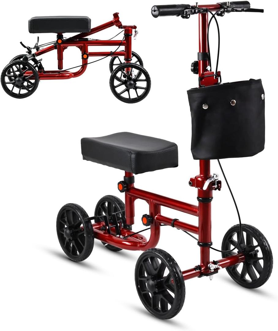 Economy Knee Scooter for Adults for Foot Surgery, Foldable & Steerable Knee Walker with Dual Brakes, Medical Knee Scooter for Broken Foot Injured, Lightweight Leg Scooter for Broken Ankle (Red）
