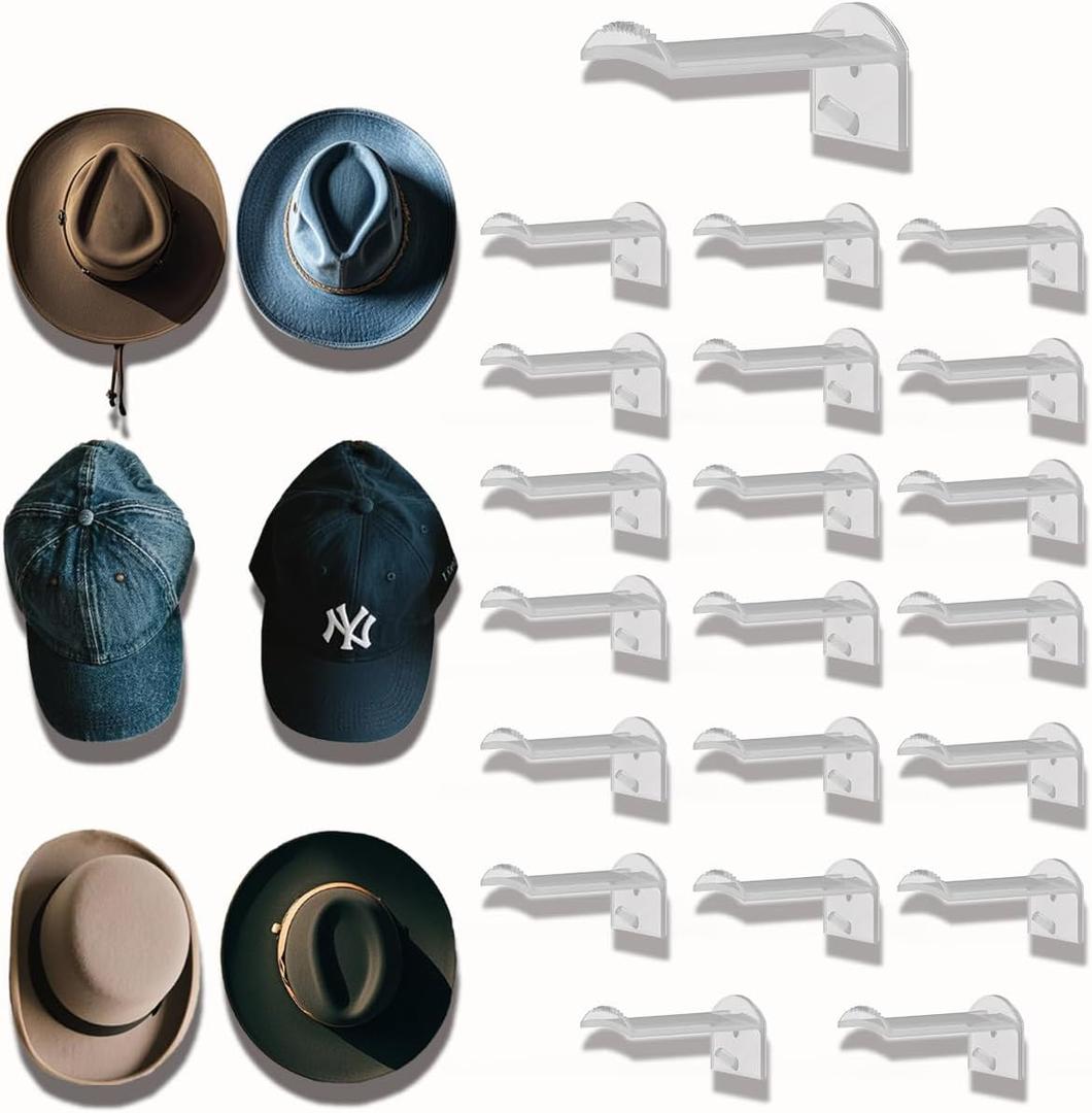 3 Inch Adhesive Hat Hooks for Wall(20-Pack), Cowboy Hat Rack, Strong Hold Hat Hangers, No Drilling, Hat Holder Organizer for Walt, Door, Closet
