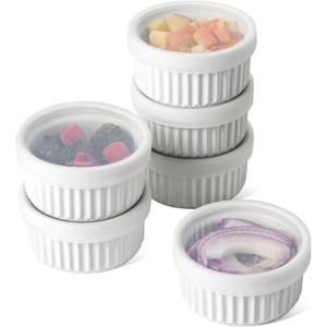 LE TAUCI Ramekins with Silicone Lids, 8 OZ Ceramic Souffl Dishes, Ramekin Bowls for Crme Brle, Dessert, Dips, Oven & Microwave Safe, Set of 6, White
