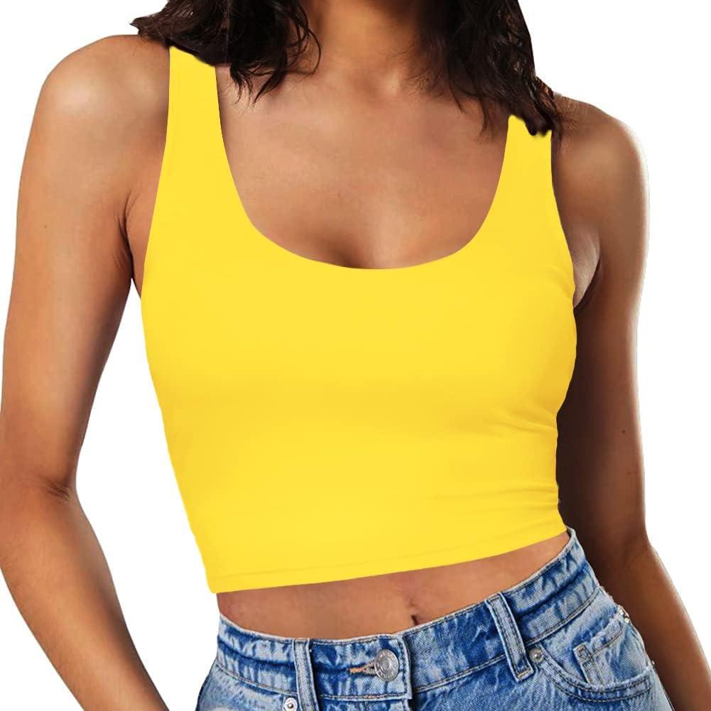 Womens Sexy Sleeveless Crop Tops Double Layer Scoop Neck Cropped Tank Top (Medium, Lemon Yellow)