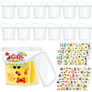 12 Pcs 34 oz Buckets for Drinks Ice Cream Buckets with Lids and Handles 150 Summer Stickers Cocktail Rum Bucket Clear Plastic Containers Reusable Plastic Pail for Summer Beach Party Supplies