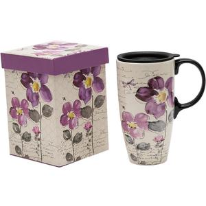 Topadorn Tall Ceramic Travel Mug 17 oz. Coffee Cups Sealed Lid With Color Box (Purple Flower)