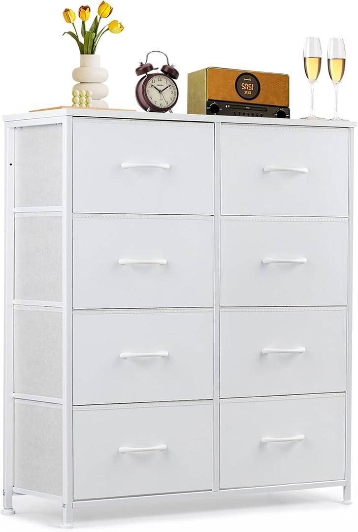 8-Drawer Dresser for Bedroom, Anti-Tip Tall Storage Organizer Chest of Drawers with Wooden Top and Metal Frame Fabric Bins for Closet, Living Room, Hallway, Entryway, White (11.8"D x 31.4"W x 36.3"H (8 Drawers))