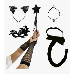 VCZONE 6 Pcs Cat Costume for Women Halloween Masquerade Black Cat Lace Ears Kitten Tail Net Gloves Necklace Mask and Star Wand