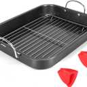 Nonstick Roasting Pan with Rack, 14.5x11.4’’ Baking Pan for Oven with Rack & Silicon Hand Clip, Heavy Duty Dishwasher Safe Rectangular Lasagna Pan with Handle for Turkey Chicken, Dark Grey