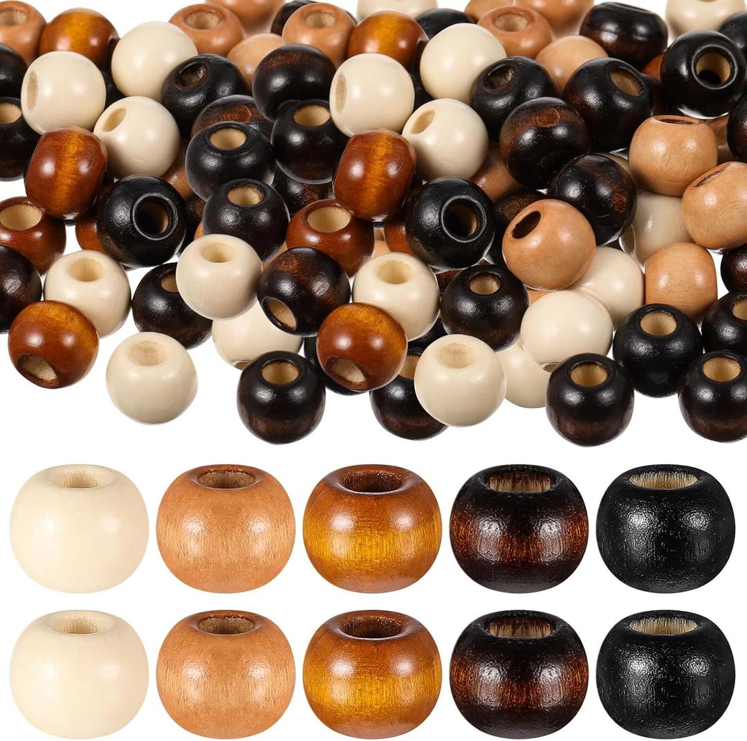 WILLBOND 130 Pieces Macrame Wooden Beads Loose Beads with Hole for Macrame Making Kits Supplies Jewelry Bracelet Making Hair DIY Craft Handmade Decor(Black; Brown; Beige,Stylish)