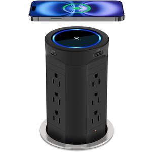 4-inch Pop Up Outlet for Countertop with 45W USB,17-in-1 Desktop Power Strip with 15W Wireless Charger,12 Outlets 4 USB Ports,15Amp Tamper Resistant Receptacle for Home Office Kitchen Black