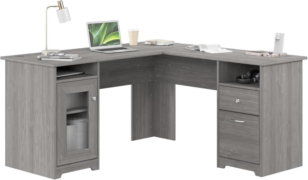 Bush Furniture Cabot L Shaped Computer Desk in Modern Gray | Corner Table with Drawers and Storage for Personal Home Office Workspace