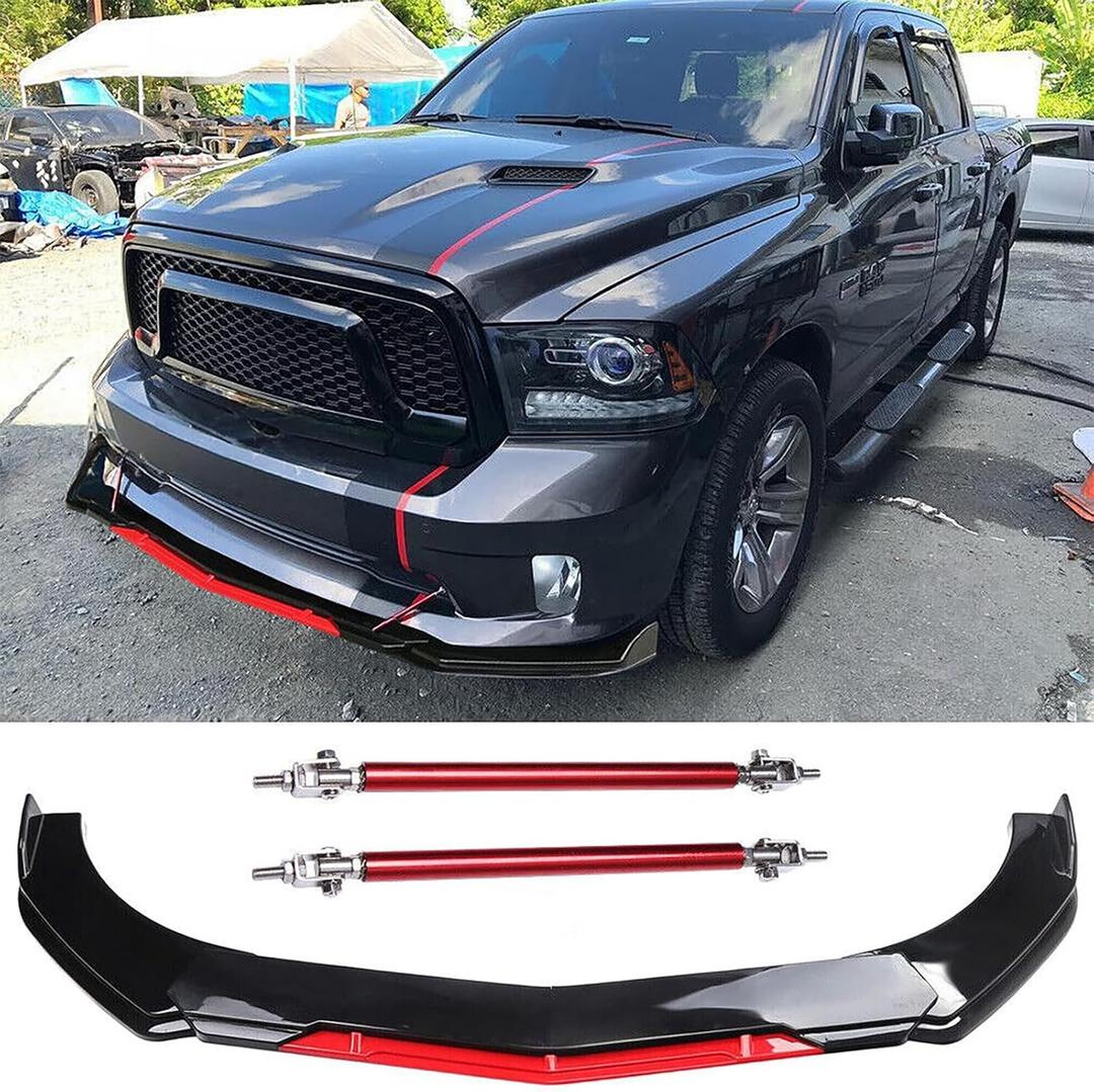 Universal Car 4 PCS Front Bumper Lip + 2PCS 8"-11" Adjustable Splitter Rods Chin Spoiler Splitter Body Kit Compatible with Honda Civic Accord Toyota Dodge Charger Nissan Chevrolet Cruze