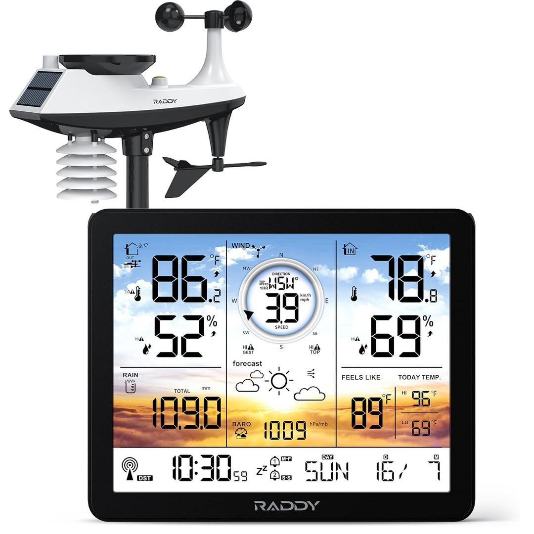 Raddy AG7 Weather Station Wireless Indoor Outdoor Thermometer, 7.4'' Digital Color Display Atomic Weather Clock, Temperature Humidity Monitor with Weather Forecast and Barometric Pressure, AG7