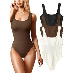 OQQ Women's 3 Piece Bodysuits Sexy Ribbed Sleeveless Square Neck Tank Tops Leotard 2025 Trendy Outfits (Black, Coffee & Beige) M