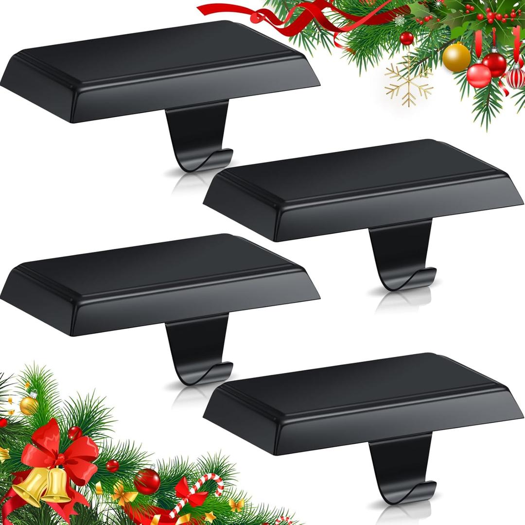 Zhengmy Christmas Stocking Holders for Mantle Weighted Stocking Holder Fireplace Hangers for Xmas Holiday Party Decoration(Stainless Steel,Black,4 Pcs)