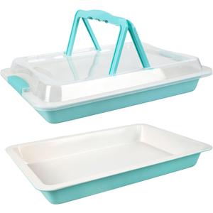 Sheet Cake Pan with Lid Set of 2, 15"10"2" Deep Jelly Roll Pan, Non-Stick Ceramic Coating Baking Pan, Oven Safe 450F, PFOA Free, Teal  Bake, Snap & Carry for Parties & Potlucks