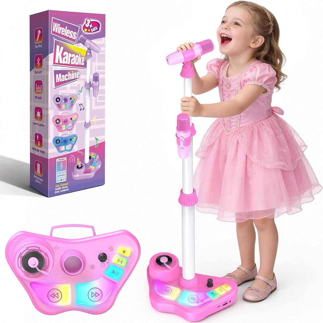 Kids Stand Karaoke Machine Toys for 3 4 5 6 7 8 Year Old Girls Gift, Kid Rechargeable Microphone Toddler Birthday Gift Singing Toy for Girl Ages 3-5 4-6, Portable Bluetooth Speaker with 2 Mics (Pink)