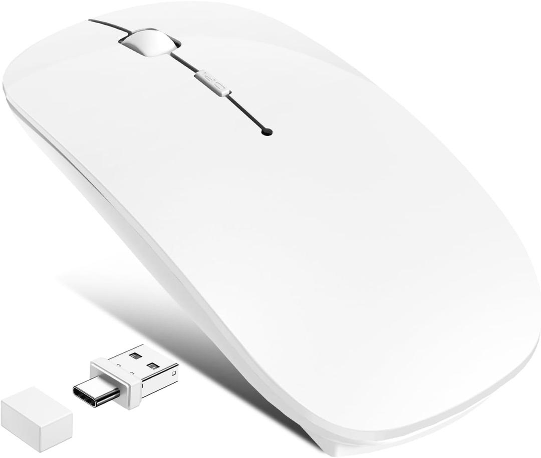 Wireless Mouse for MacBook Air iPad Pro PC Laptop, Bluetooth Rechargeable Computer Mice with Jiggler Mode, Silent 3 Mode (BT 5.2/3.0 & USB-A/USB-C Receiver) Type-C Slim Travel Mouse, White