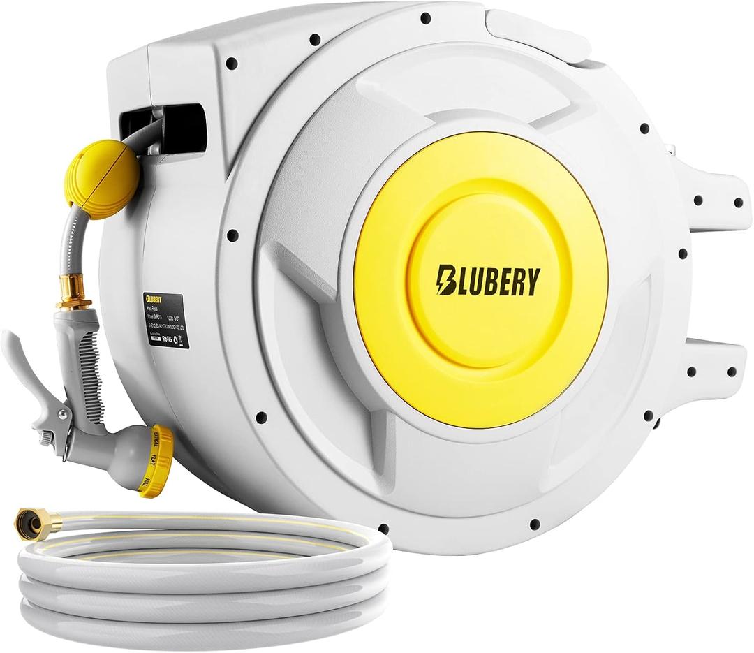 BLUBERY 130+6.7ft x 1/2" Retractable Garden Hose Reel, 40.8LB Super Heavy Duty, Any Length Lock, Slow Return System, Wide Handle, Wall Mounted and 180 Swivel Bracket, GHR02A