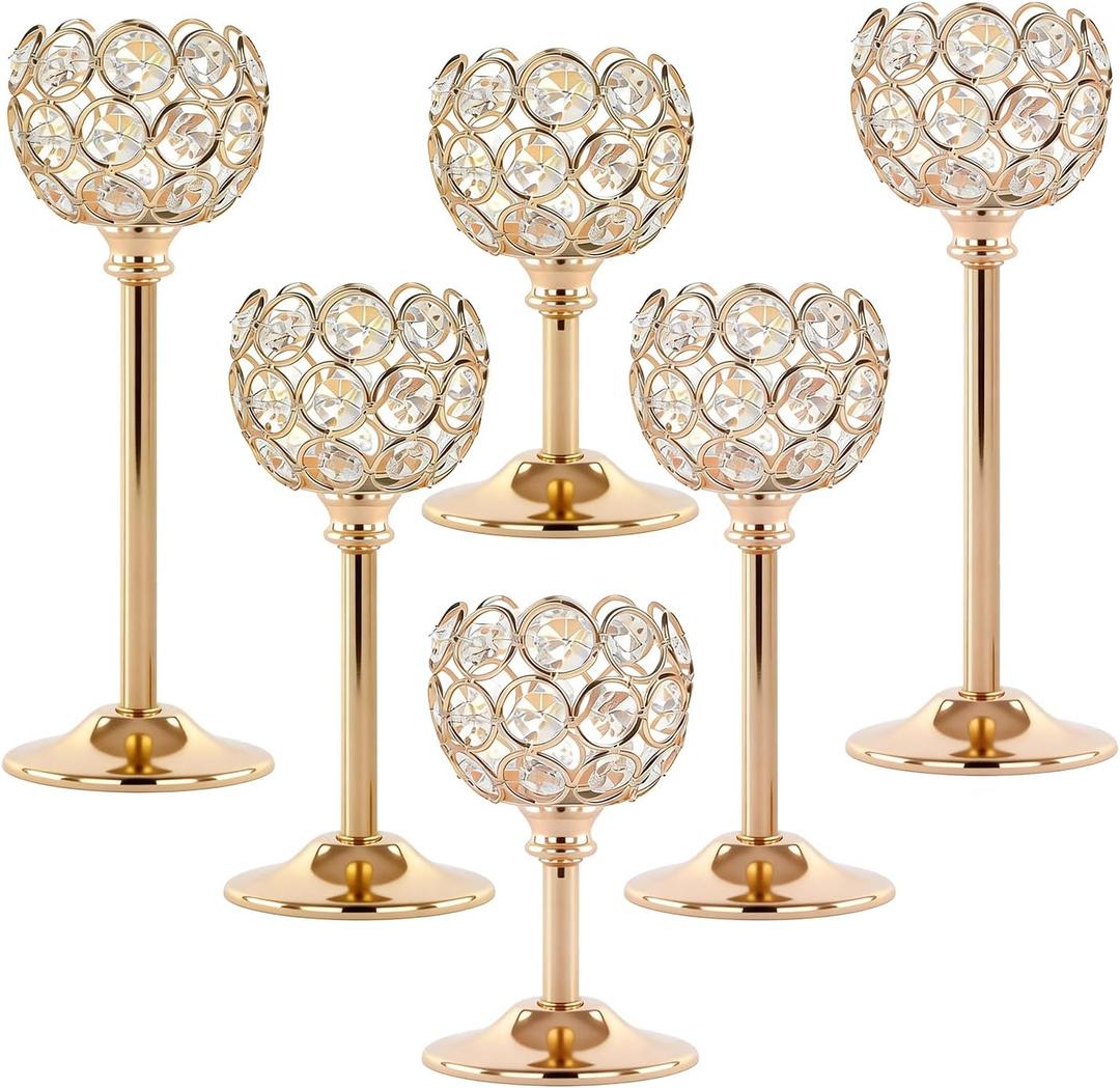 Crystal Candle Holders 2 Set of 6 - Gold Vintage Hollow Ball Candle Stand for Table Centerpiece, Crystal Metal Tealight Candlestick for Wedding, Dining Room Decor