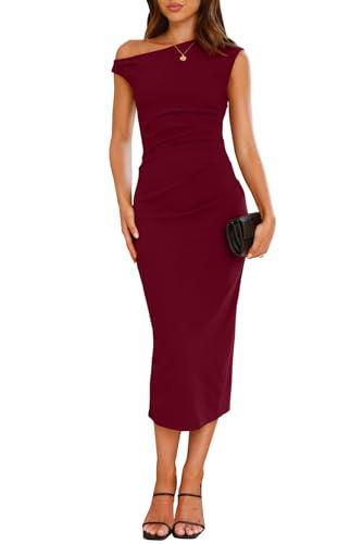 IHOT Wedding Guest Dress Formal One Shoulder Sleeveless Elegant Ruched Bodycon Slim Fitted Cocktail Party Evening Bridemaids Party Club Burgundy Dresses Midi Length WineRed Medium