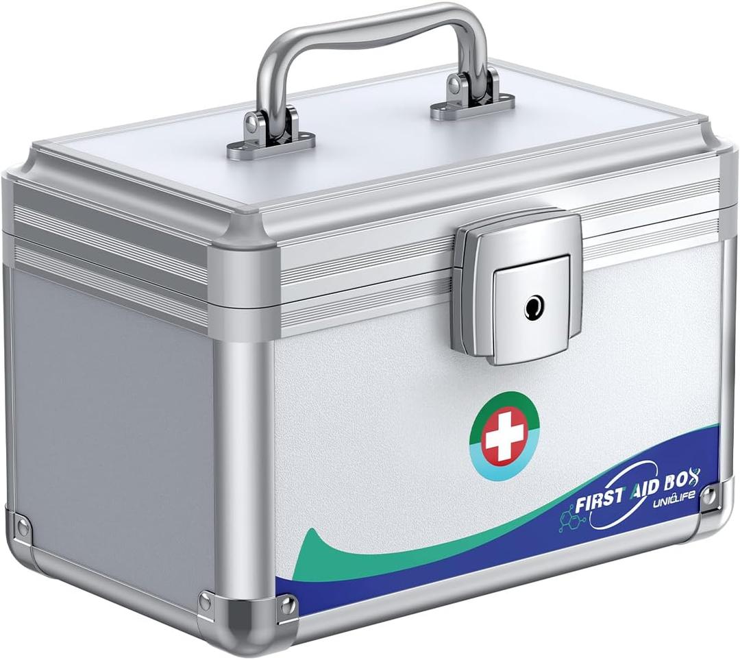 Uniclife Medicine Lock Box First Aid Box with Key Lock & Handle Portable Medication Metal Lockable Medicine Storage Box Security Lock Box for Medications, 10" x 6" x 6.5"