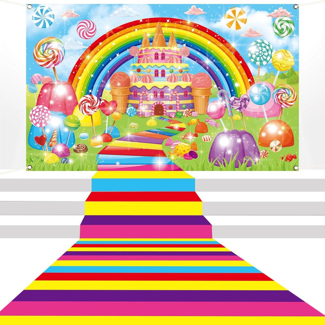Candyland Party Decorations Colorful Polyester Carpet Runner Candyland Backdrop Sweet Candy Land Princess Road Banner for Outdoor Home Decor Candy Runway Rug Candy Land Themed Birthday Party Supplies