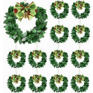 Syhood 12 Pcs Mini Christmas Wreaths for Cabinets with Gold Bells Small Kitchen Xmas Decor Christmas Cabinet Wreaths Ornament for Kitchen Chair Fireplace Farmhouse Home Decor(3.15 Inch,Green Bowknot)