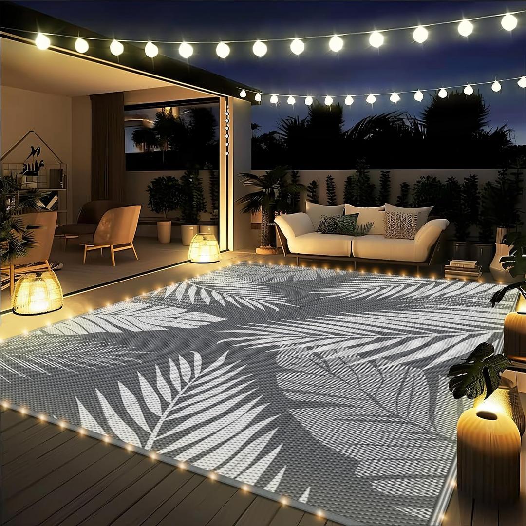 GENIMO Outdoor Rug 8' x 10' Waterproof for Patios Clearance, Reversible Outdoor Plastic Straw Camping Rug Carpet with LED String Light, Area Rugs Mats for RV, Camper, Deck, Balcony, Porch, Grey&White