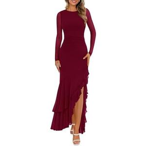 BTFBM Women's Maxi Dresses Spring 2026 Long Sleeve Ruched Bodycon Solid Ruffle Mermaid Cocktail Wedding Guest Dress,Red, S
