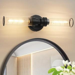 Bathroom Light Fixtures, Black Wall Sconce in Threaded Glass Indoor Vanity Lights, Modern Bathroom Vanity Light Up and Down Sconces Wall Lighting for Bathroom, Living Room - Bulb Not Included