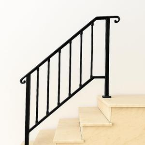 Handrails for Outdoor Step, Mild Steel Stair Railing Fits 3 or 4 Steps, Staircase Handrails, Metal Hand Rails Kit for Concrete, Wood, Porch, Deck, Exterior Steps, Satin Black