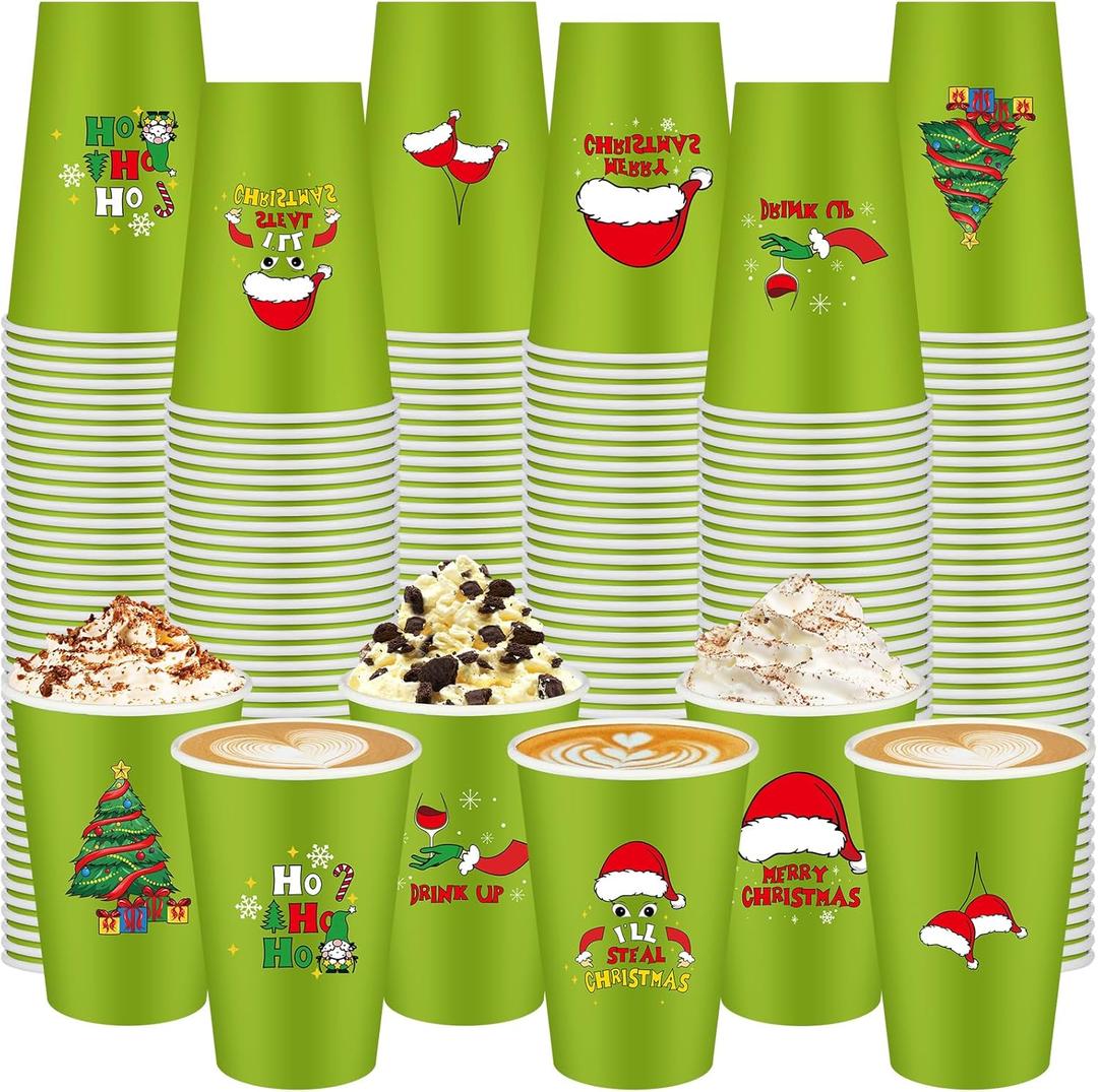 60 Pcs Christmas Coffee Cups Bulk 12 oz Xmas Disposable Green Paper Cups Drinking Supplies for Xmas Winter Holiday Table Decoration