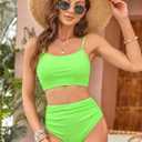 ZAFUL Women's High Waisted Bikini Set Crisscross Tankini Swimsuit Tummy Control Ruched Bathing Suit (L)