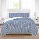 3 Piece Reversible Quilt Set with Shams | All-Season Soft & Lightweight Bedspread with Modern Striped Pattern | Nora Collection (Full/ Queen, White/ Navy)