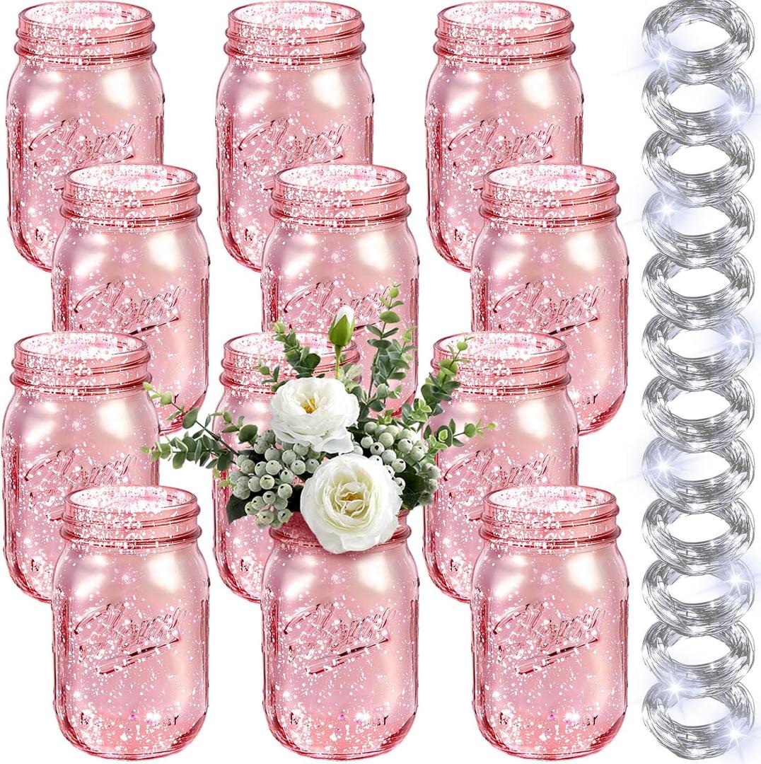 Tioncy 12 Pcs Painted Mason Jars for Table Glass Decorative Jars with 12 Light Strings for DIY, Wedding, Graduation, Bridal Shower, Housewarming, Home Decoration (Pink)