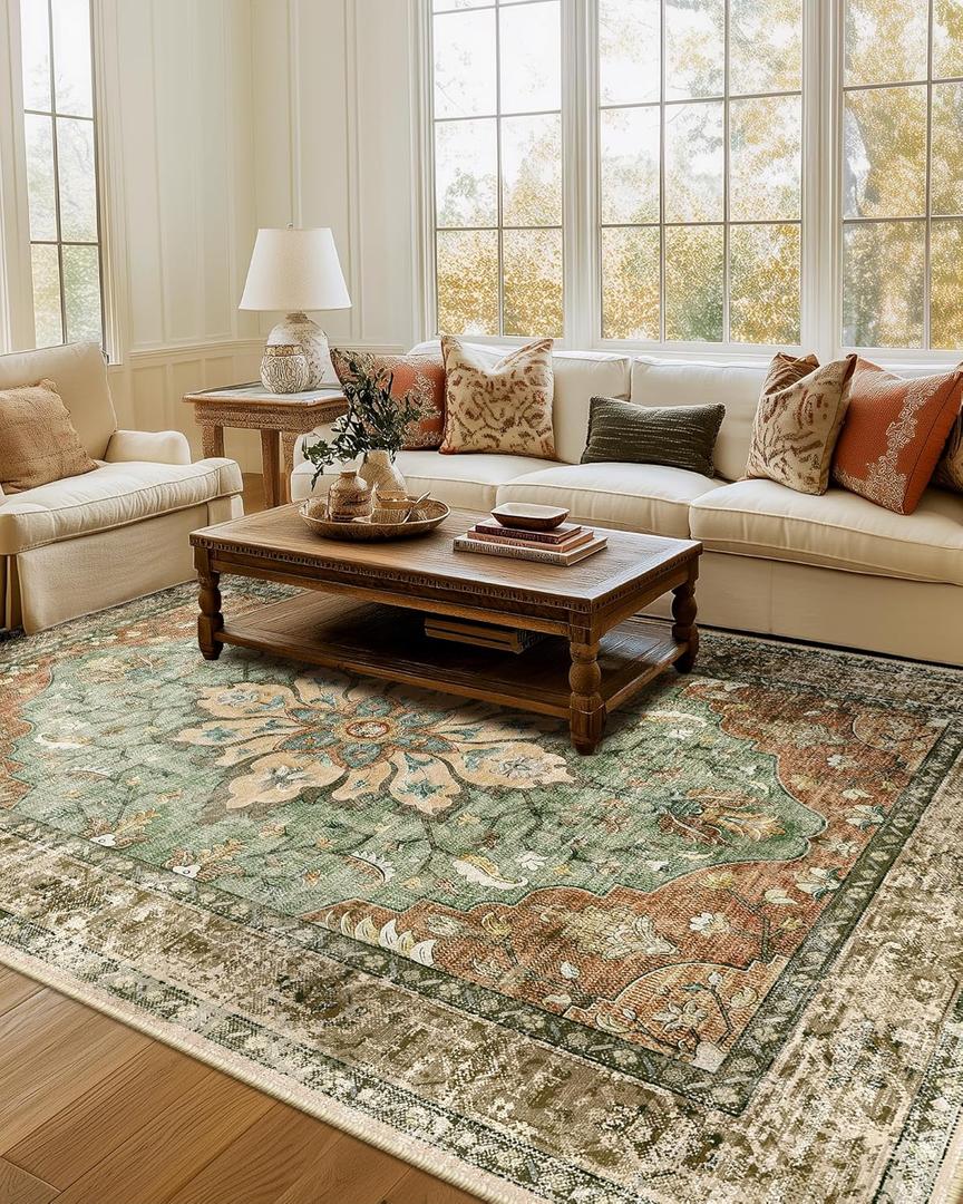 RELEANY Area Rugs 7'x9' Washable Non-Slip, Floral Vintage Distress Print Pattern Medallion Carpet for Living Room Bedroom Dining Room, Brick Red Rust Neutral Brown Burnt Orange Green