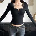 Women Square Neck Long Sleeve Grunge Shirt Tops Lace Trim Y2K Gothic Aesthetic Fairy T Shirts Vintage Tee Fall Clothes (Black, S)