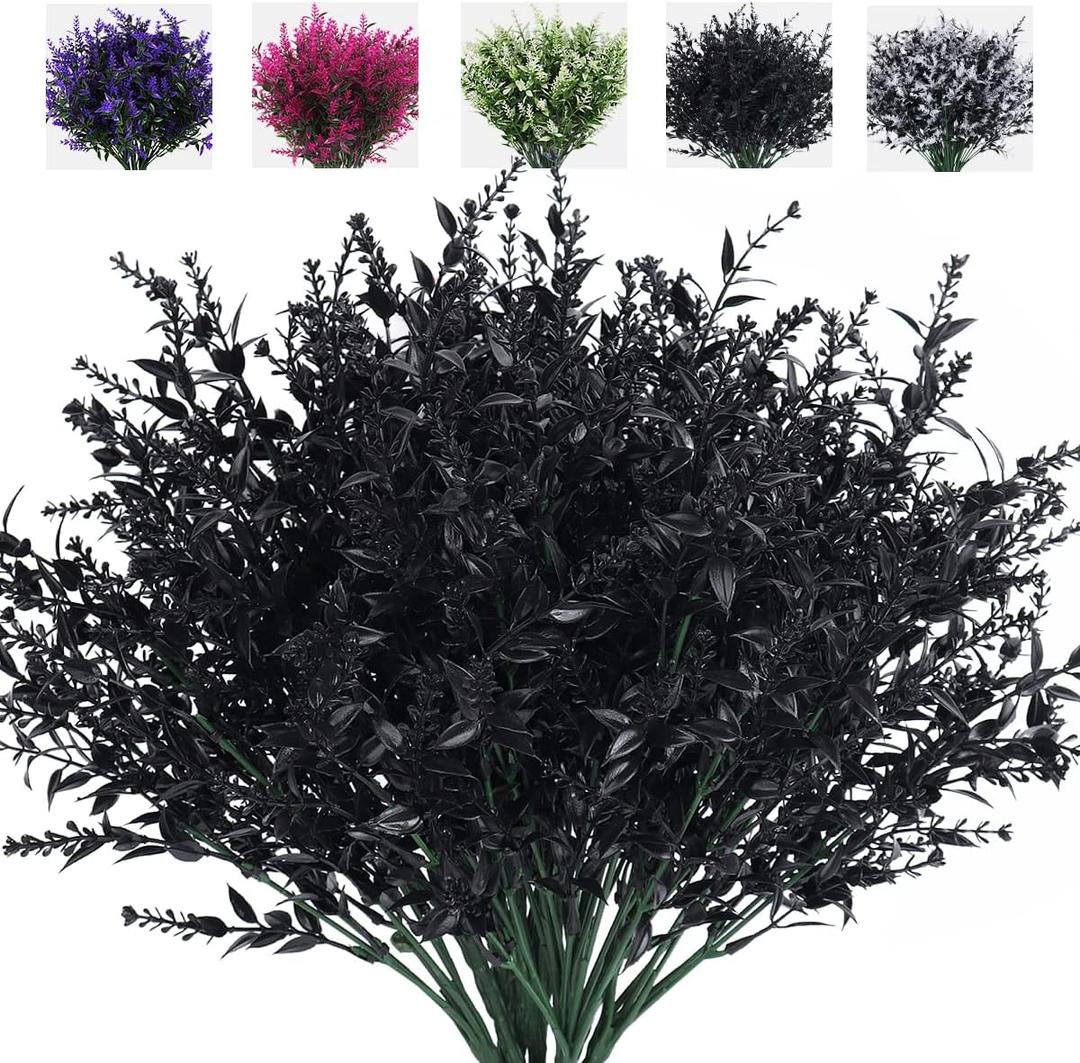 RECUTMS Artificial Flowers Outdoor Fake Plants Artificial Fake Flowers, Faux Outdoor Plastic Plants UV Resistant Shrubs No Fade Faux Plastic Plants Garden Porch Window Box Decorating(Black) (8 Bundles)