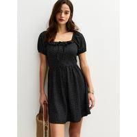 New Look Polly Polka Dot Textured Jersey Milkmaid Mini Dress (Black, Large)