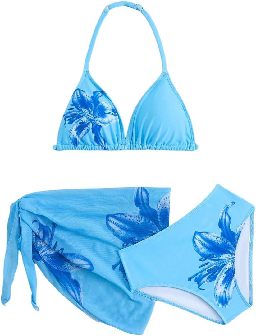 RoseSeek Girl's 3 Piece Swimsuits Floral High Waisted Bikini Bathing Suit with Mesh Coverups Skirt (Blue, 10Y)