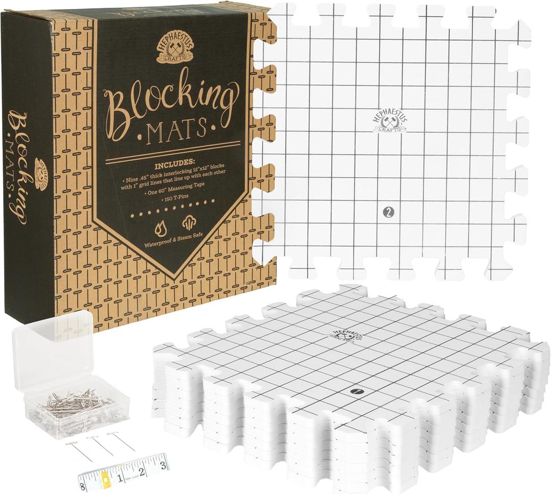 Hephaestus Crafts Blocking Mats for Knitting - Pack of 9 GRAY Blocking Boards with Grids for Needlepoint or Crochet. 150 T-pins