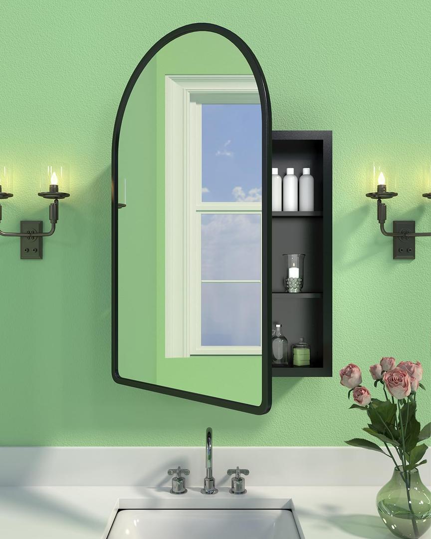 19.7"x31.5" Black Medicine Cabinet with Mirror, Arched Medicine Cabinet with Mirror for Bathroom Vanity Wall Mounted & Recessed with 1 Organizer, 2 Stable and Removable Shelves, Easy Installation