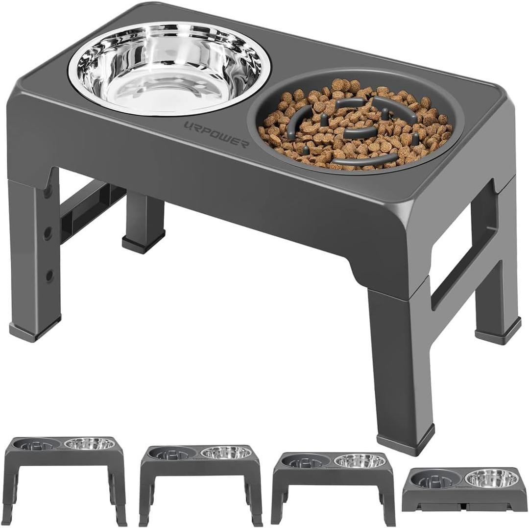 URPOWER Raised Dog Bowls 4 Height Adjustable Elevated Bowl Stand with Stainless Steel Water Bowl Non-Slip Dog Food Bowls Stand for Small Medium Large Dogs and Pets, Gray