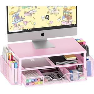 OPNICE Desk Organizers and Accessories, 2-Tier Computer Monitor Stand Riser with Drawer and 2 Pen Holders, Office Desk Accessories for Office Supplies, Pink