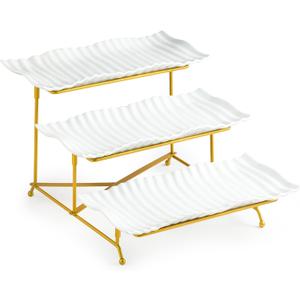 LAUCHUH 3 Tier Trays Stand, Porcelain Serving Trays Collapsible Sturdier Stand Serving Platters Dessert Table Display Set for Indoor Mother's Day Party, Entertaining, Gold, 12.2 Inch