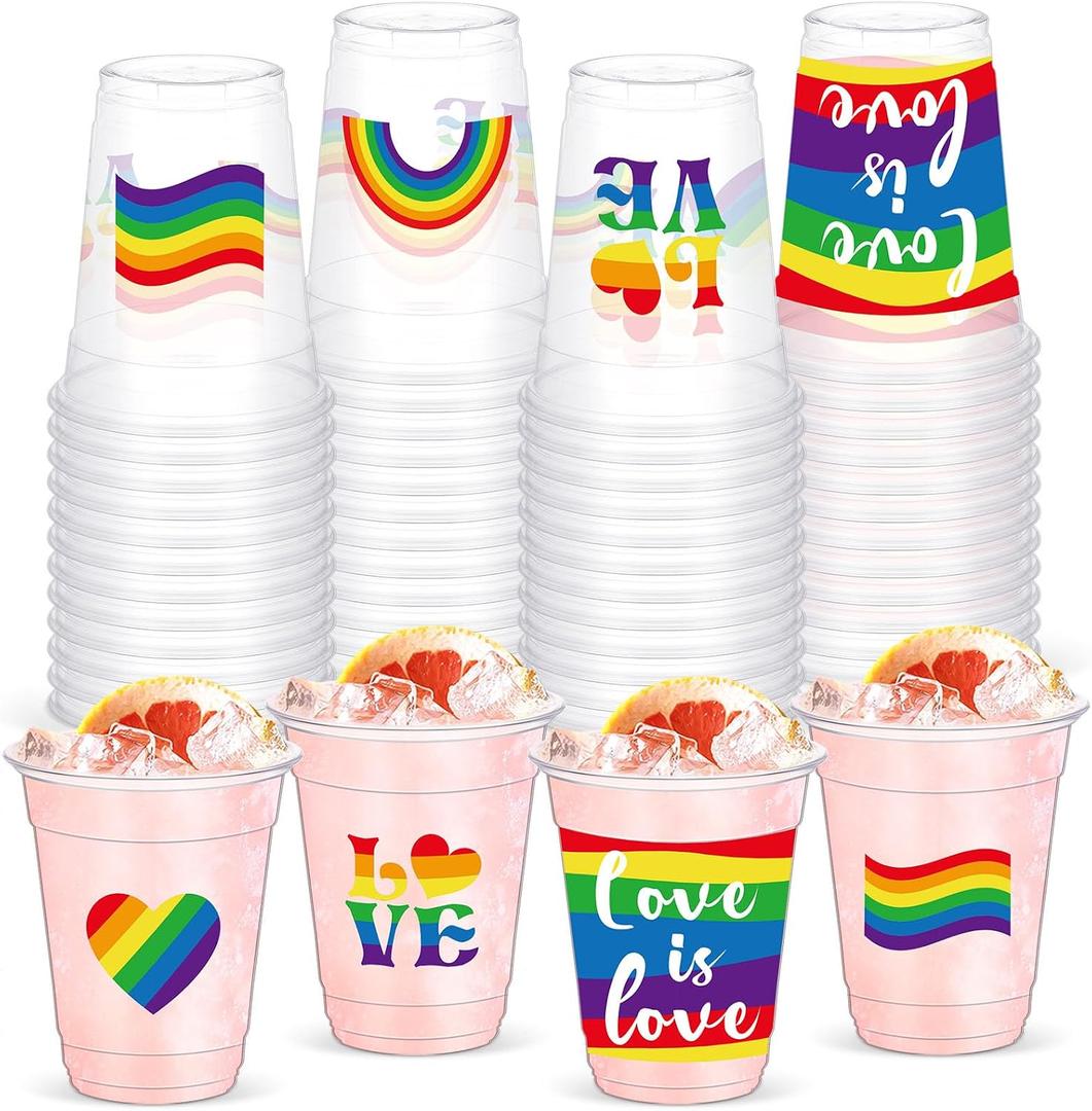Yaomiao 50 Pieces Pride Party Cups Bulk 12 oz Rainbow Plastic Cups Love Is Love LGBT Clear Disposable Cups Gay Drinking Beverage Cups for LGBTQ Lesbian Bisexual Gay Pride Party Decoration Supplies