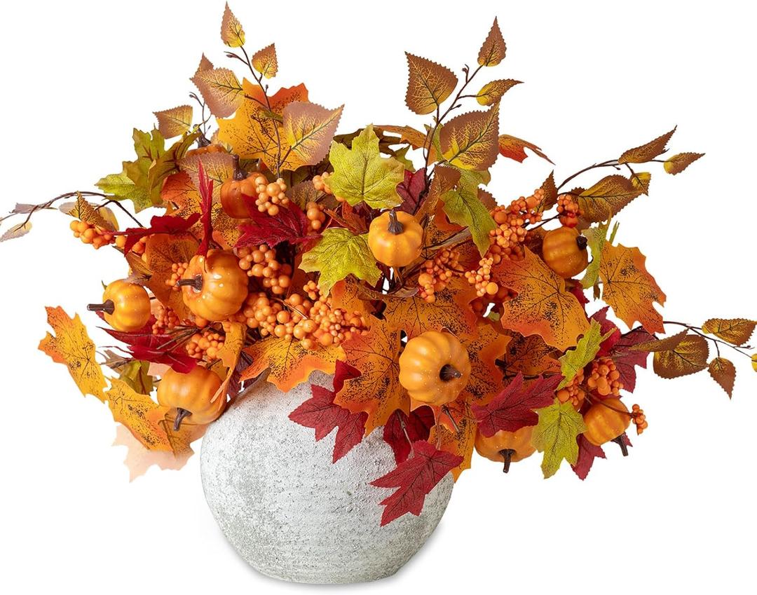 mizii Fall Decor 12Pcs Autumn Artificial Maple Leaf Pumpkin Branch Faux Fall Leaves Thanksgiving Halloween Farmhouse Harvest Decorations for Home Fireplace Wedding Outdoor Indoor (12)