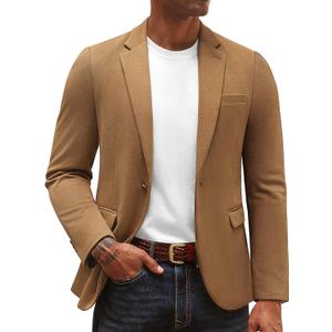 PJ PAUL JONES Men's Casual Knit Sport Coats One Button Slim Fit Blazer Notch Lapel Solid Suit Jacket with Pockets (Large, Brown)