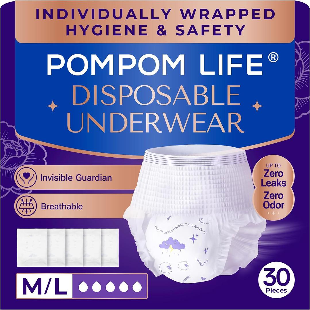 Incontinence Underwear for Women, Individually Wrapped Adult Diapers, High Absorbency Disposable, Breathable & Soft for Postpartum Women, Bladder Control, Day/Night Use Fits Waist 25"-33" (30 Count)