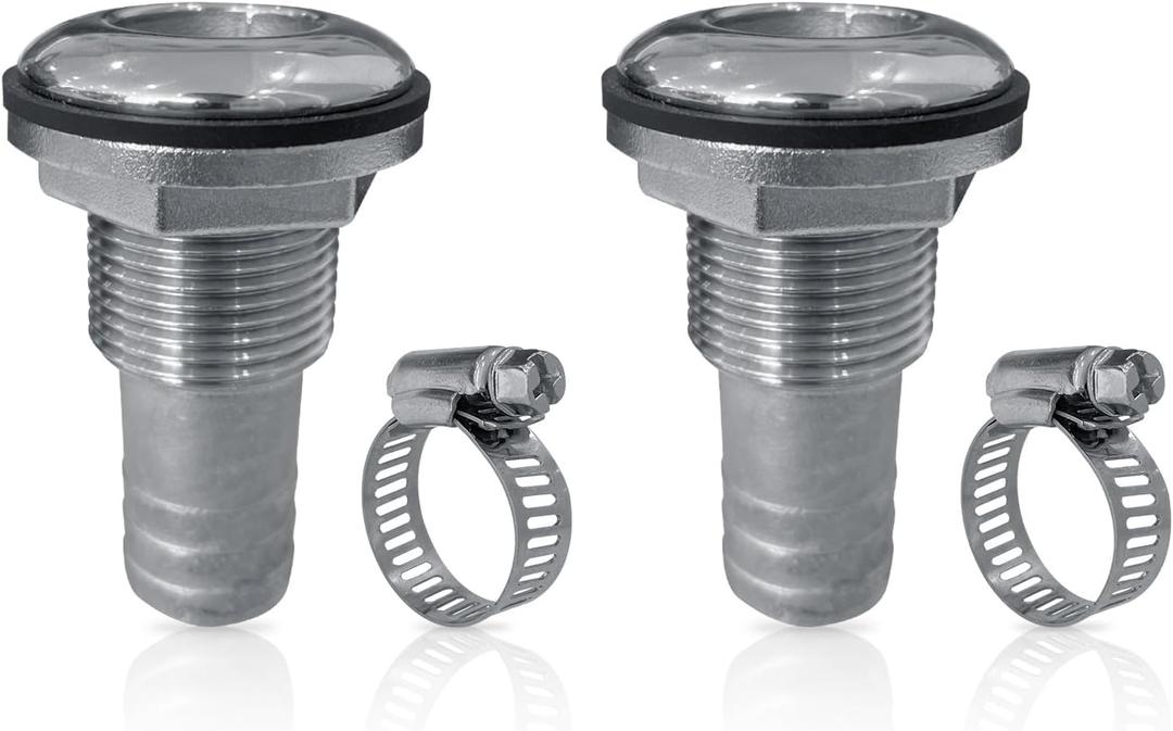 Thru-Hull Fitting w/Nut with Custom Gasket Boat Plumbing Fittings, 316 Stainless Steel Barbed Straight Thru Hull Fitting Drain for Boats, Yachts, Marine, 2 Pack