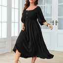SHESTARR Women's Plus Size Casual Dresses Square Neck Button Up Smocked 3/4 Puff Sleeve Empire Wasit A-line Flowy Midi Dress (Black, XXL)